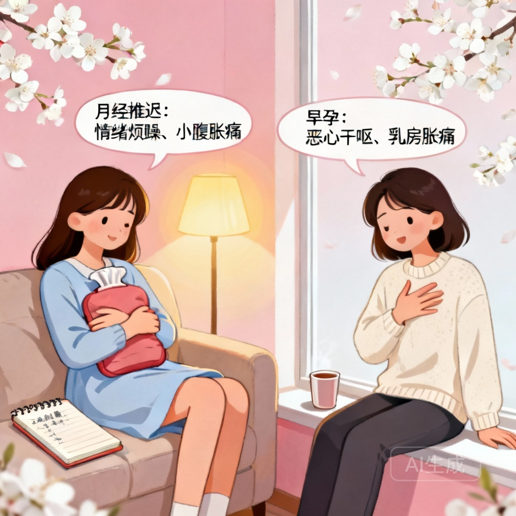 月经推迟和早孕的症状区别 场景图：女性出现经前综合征和早孕反应的对比
