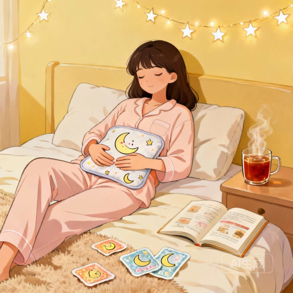 快速缓解月经痛经 热敷法场景图：女性用热水袋敷腹部