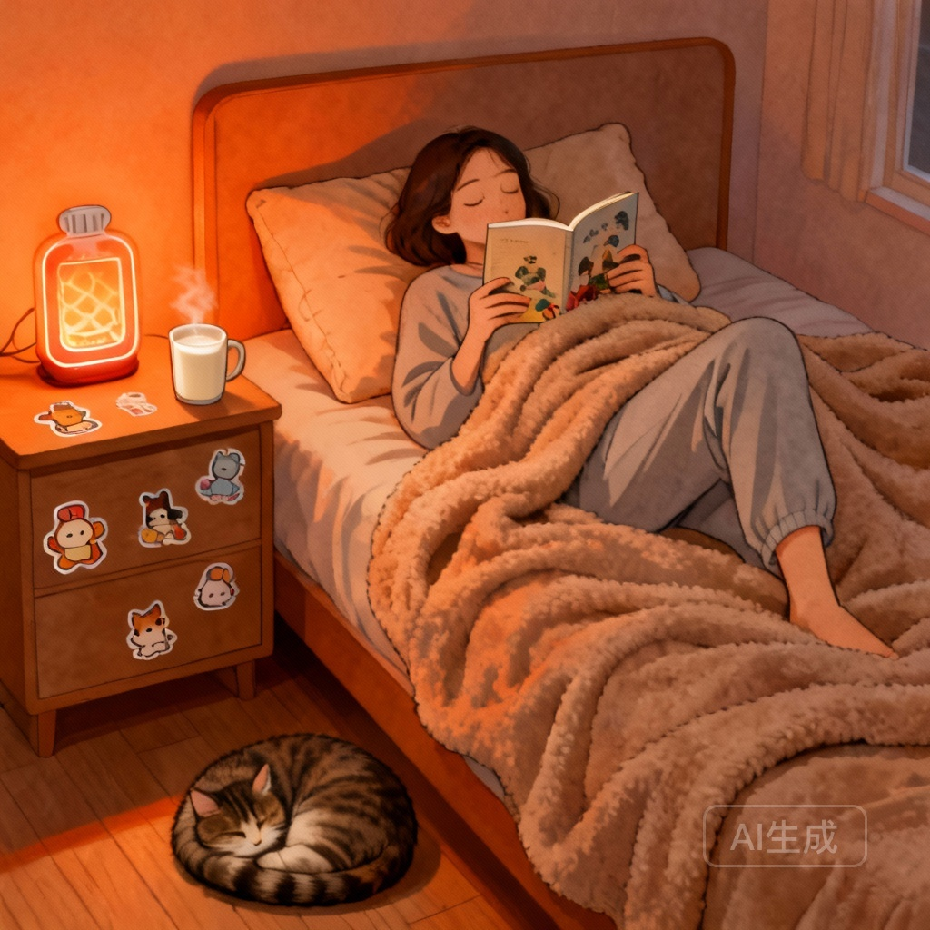 月经痛热敷场景图:热水袋敷下腹部